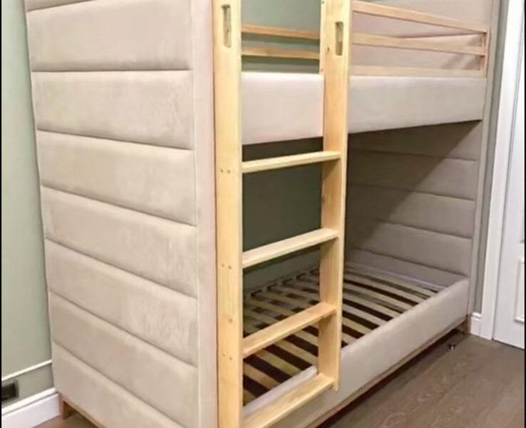 Upholstered bunk bed with wooden side ladder – ReNew Studio