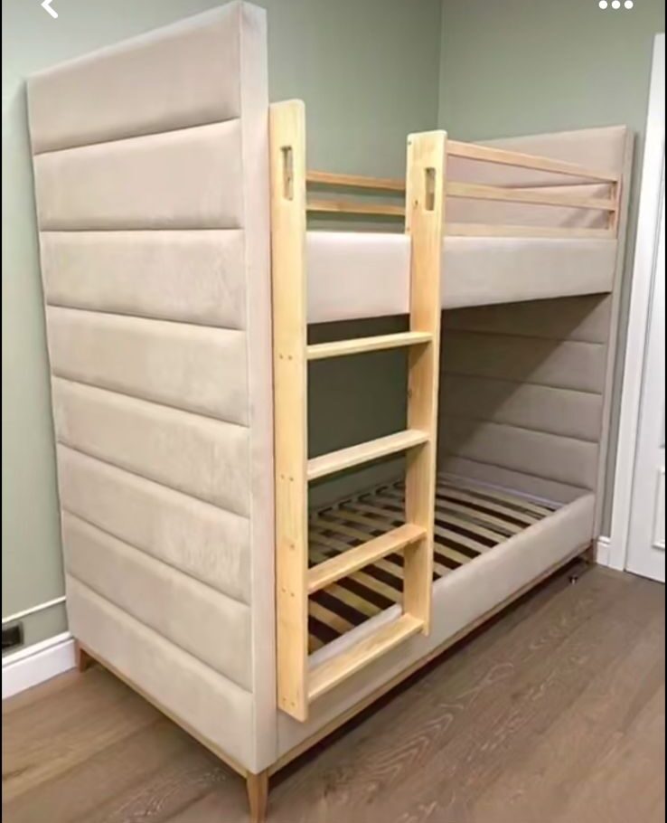 Upholstered bunk bed with wooden side ladder – ReNew Studio