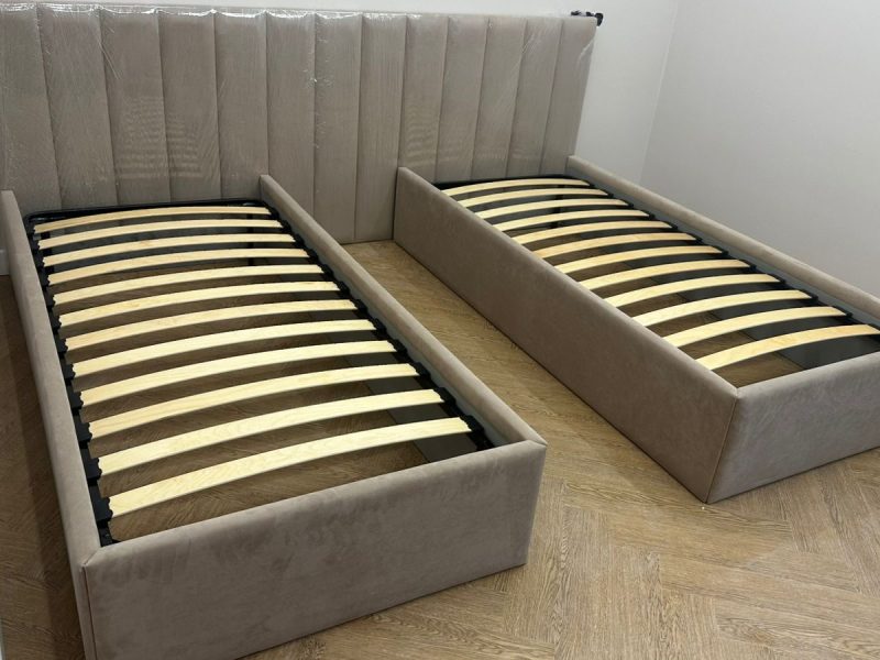 Upholstered twin beds with high headboard – custom design by ReNew Studio