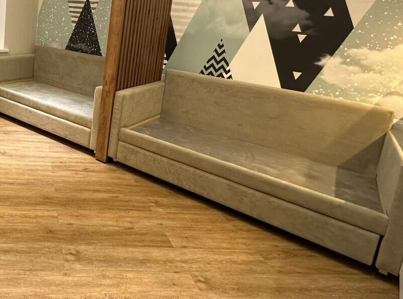 Beige upholstered beds with side panels – ReNew Studio